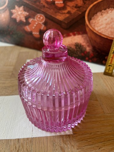 Pink ribbed glass lidded - , candy